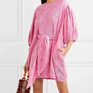 Ganni Pleated Satin Pink Dress